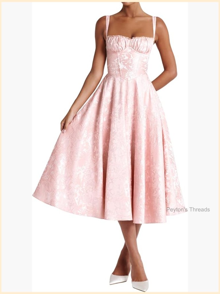 Sleeveless Square Neck Jacquard Midi Dress A-Line Bodycon Pleated Corset Dress